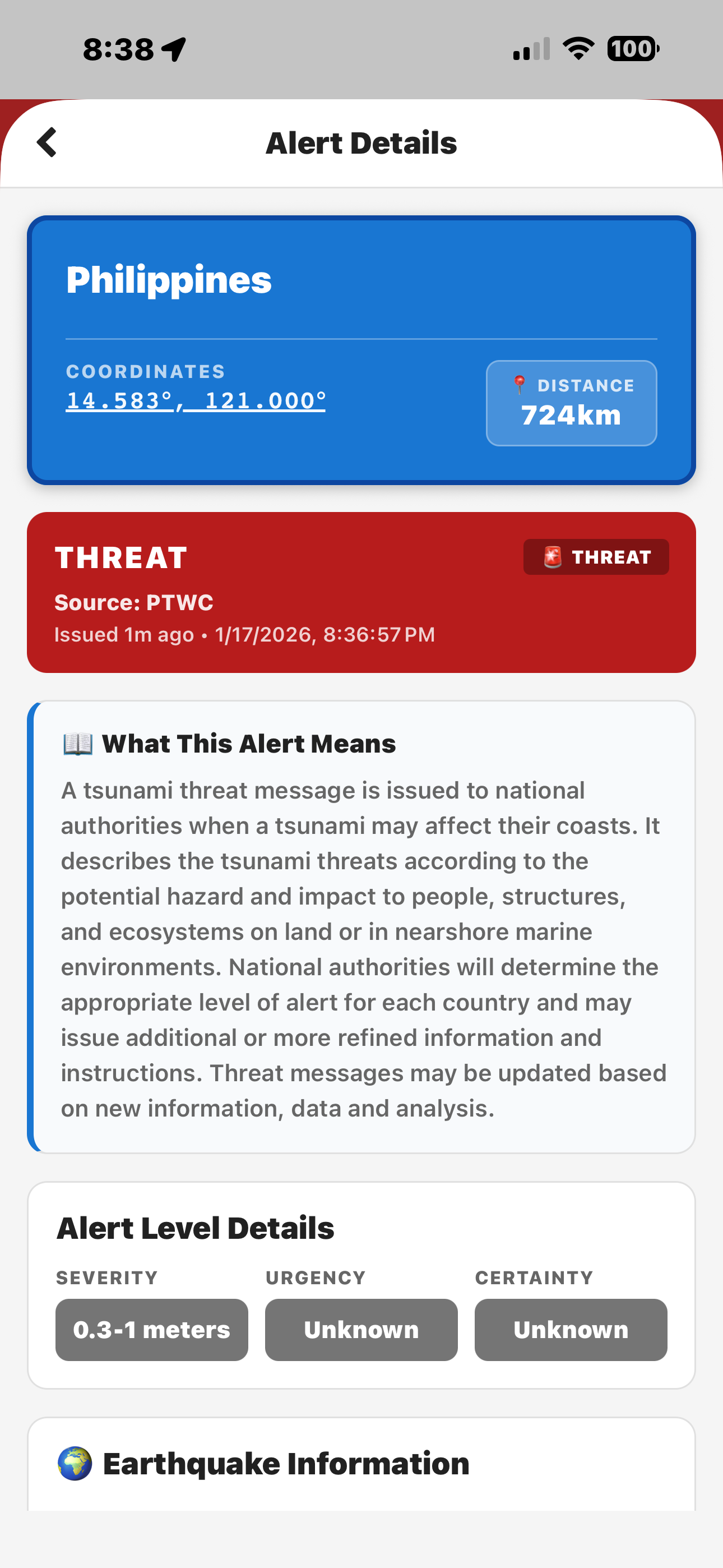 Tsunami Watch Map with Threats