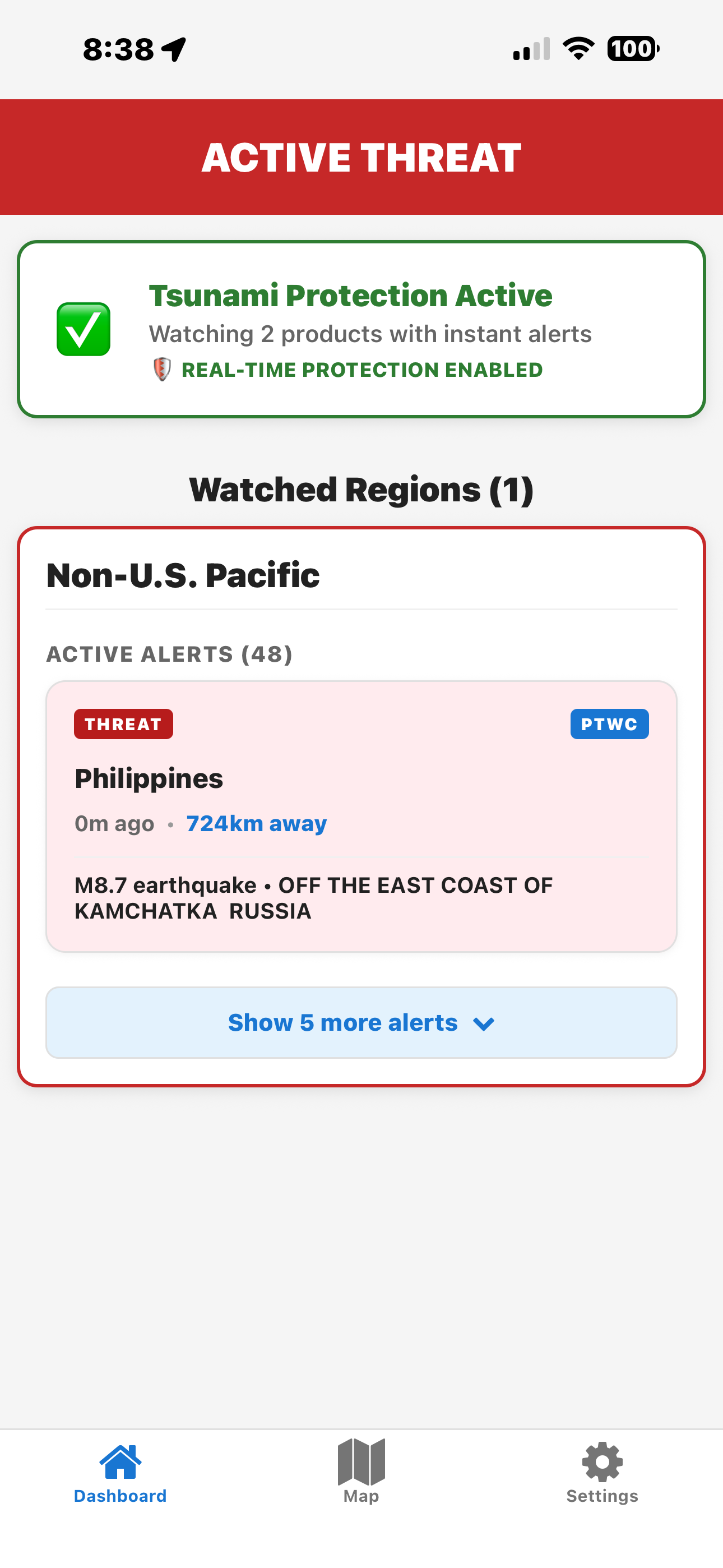 Tsunami Watch App Dashboard with Threat